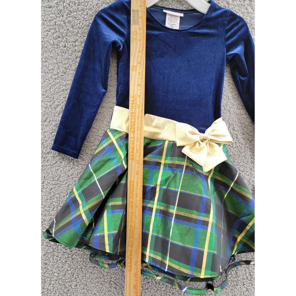 BONNIE JEAN Long Sleeved Velvet Bodice Dress Girl's 5 Navy/ Green w/ Bow - Picture 7 of 15